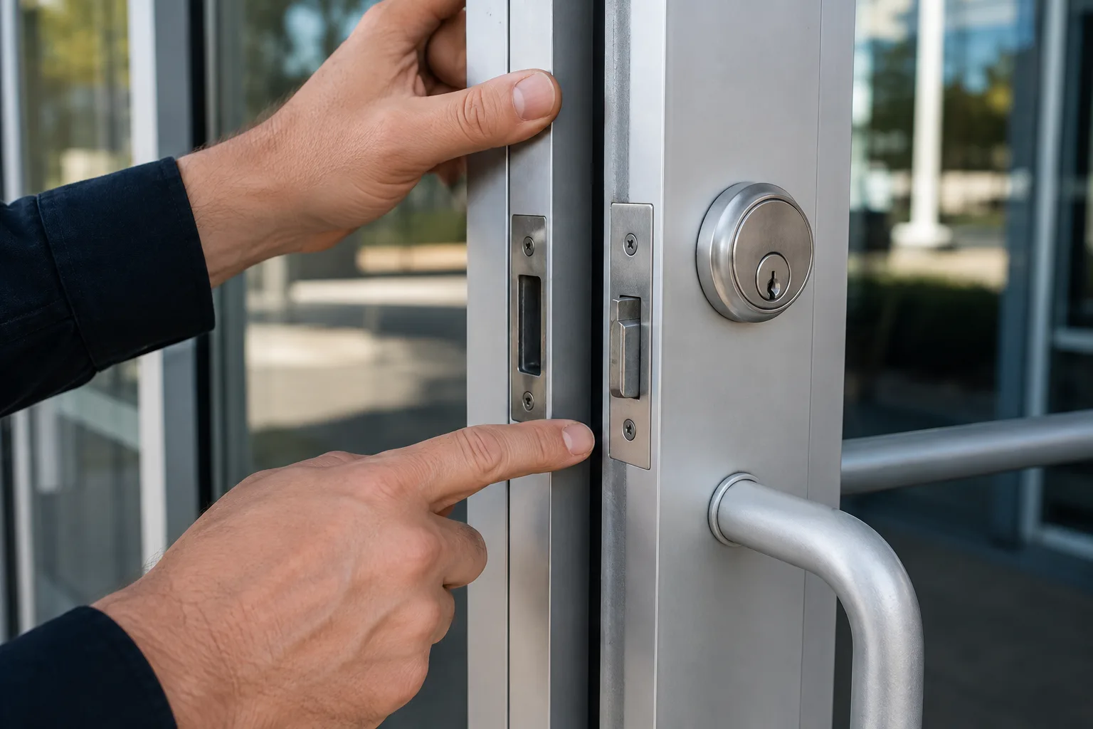 Locksmith inspecting a failing storefront door lock
