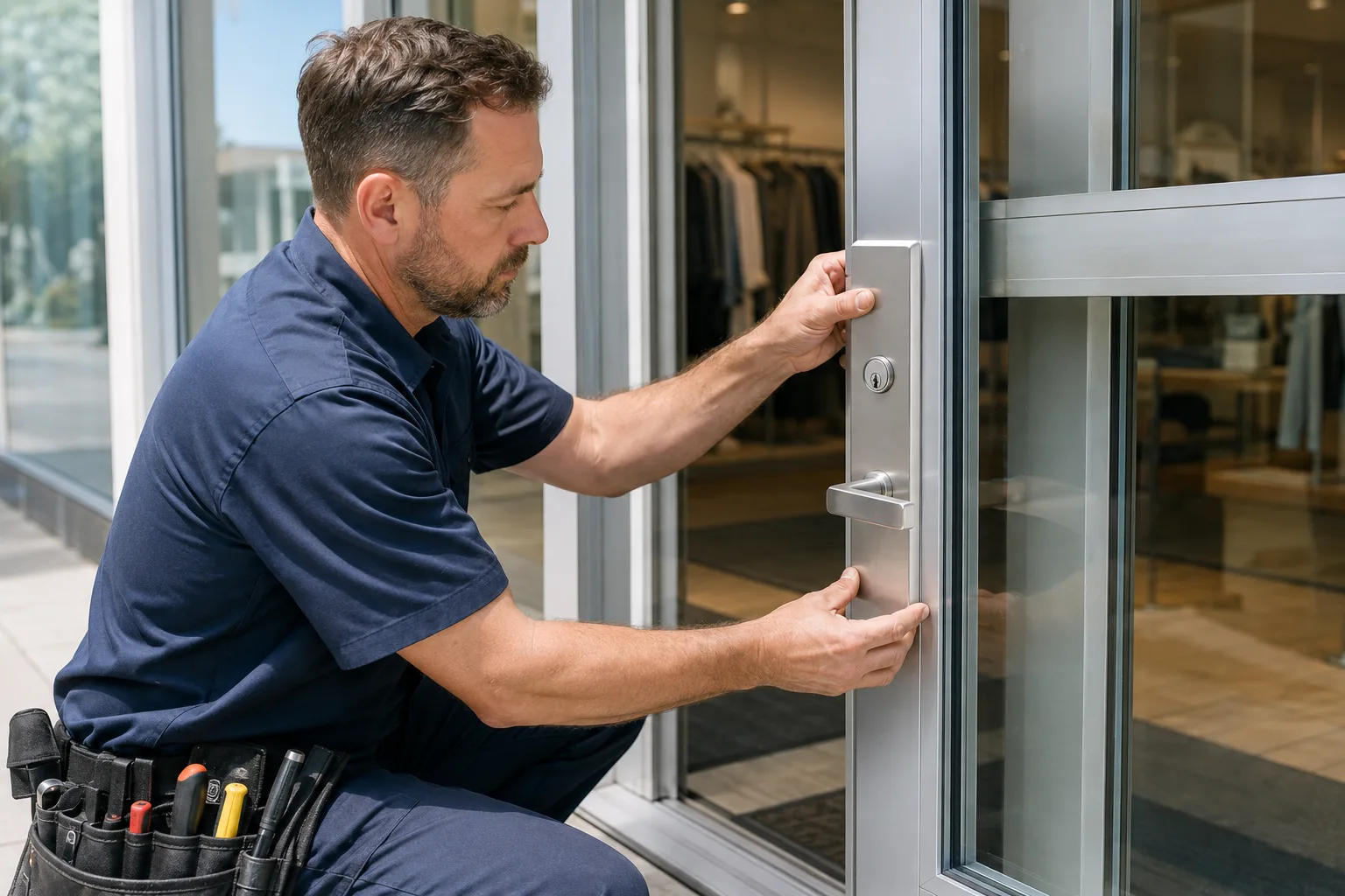 Storefront lock replacement on a commercial entrance