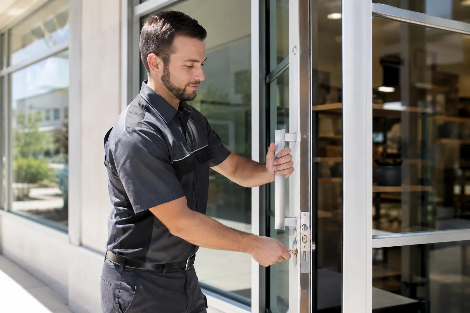 Commercial locksmith testing a storefront door lock