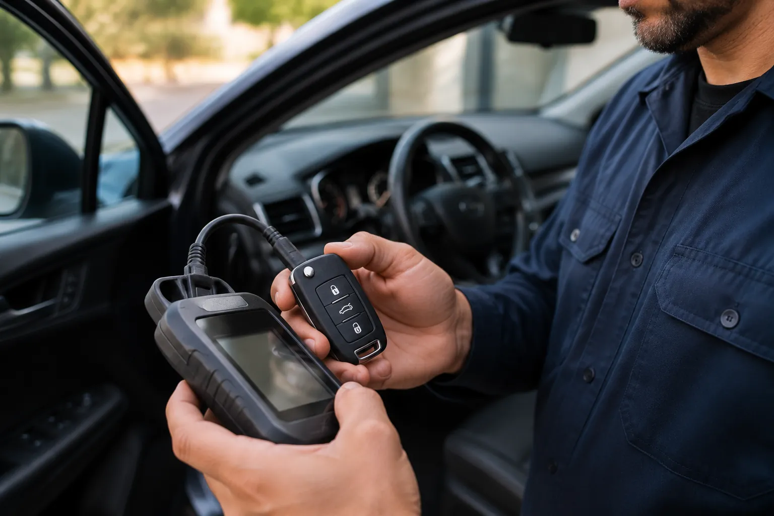 Automotive locksmith programming a car key fob with a diagnostic device