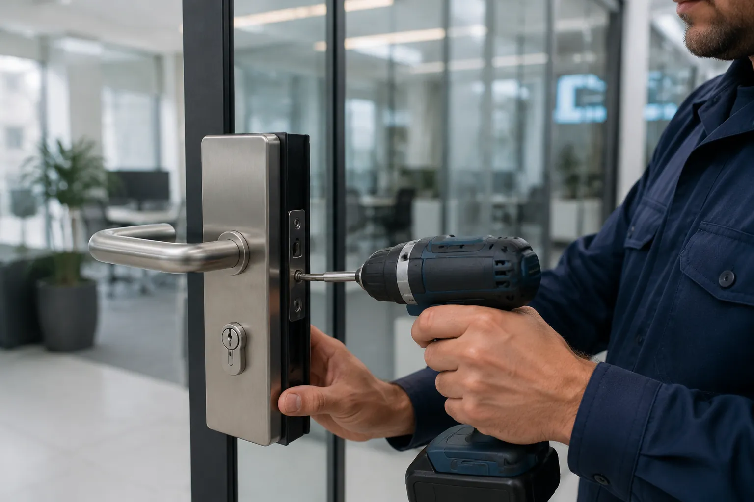 Technician installing a commercial grade door lock on a glass office door