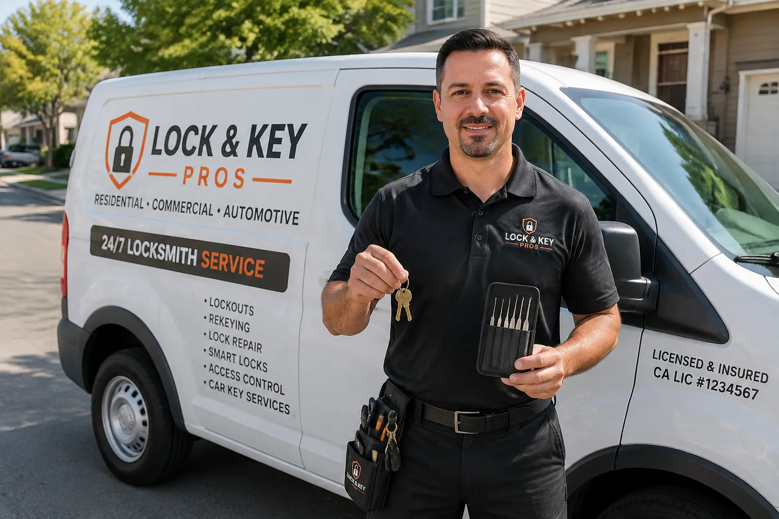 Locksmith technician standing beside a service van holding keys and tools