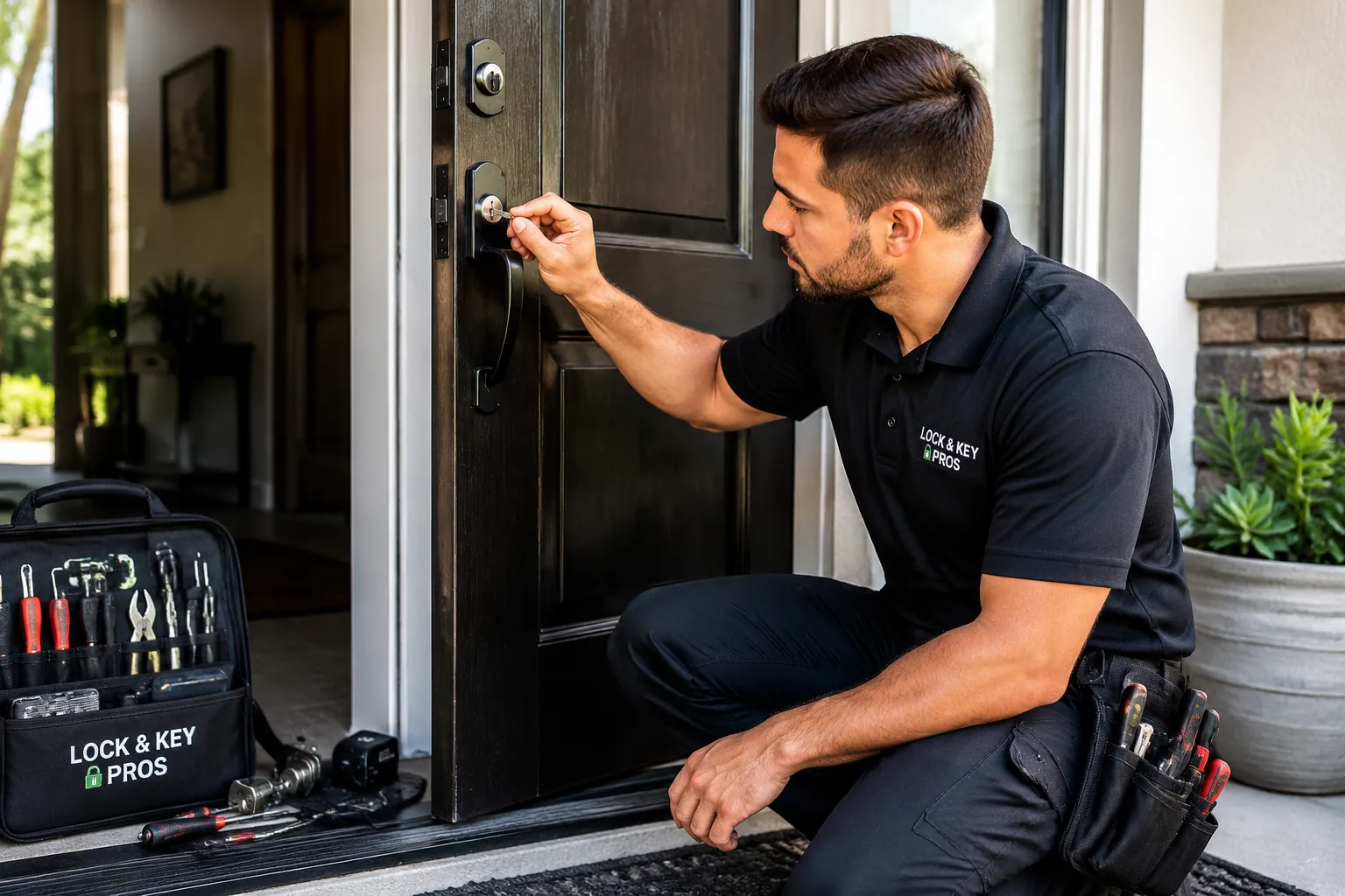 Locksmith testing a newly installed door lock with a new key